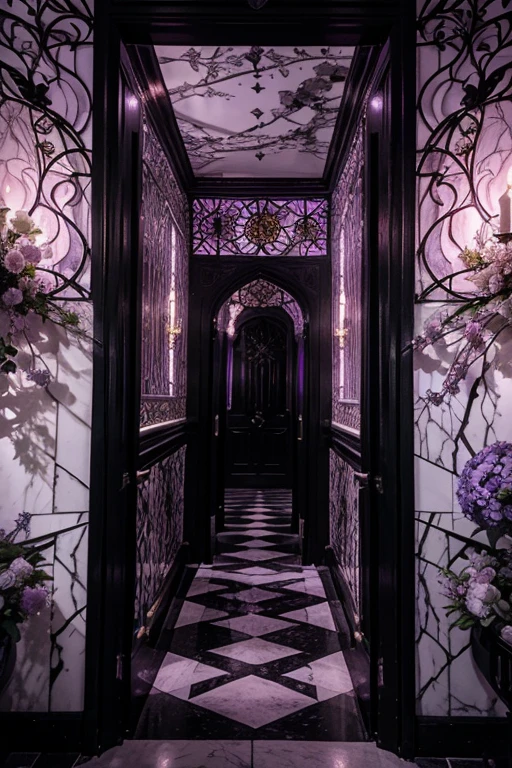 Illuminating the black jungle with white castles, lilac floral madness, violets and yellows, a gloomy room, glamorous and ostentatious in a gothic castle, the door of death, magnicas escaleras goticas, rosered