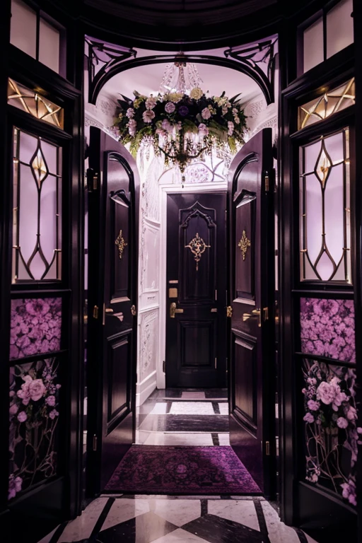 Illuminating the black jungle with white castles, lilac floral madness, violets and yellows, a gloomy room, glamorous and ostentatious in a gothic castle, the door of death, magnicas escaleras goticas, rosered