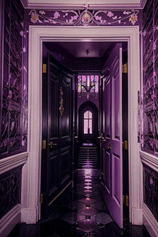 Illuminating the black jungle with white castles, lilac floral madness, violets and yellows, a gloomy room, glamorous and ostentatious in a gothic castle, the door of death, magnicas escaleras goticas, rosered