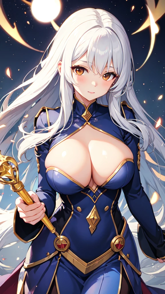 cute, lovely, beautiful, dynamic angle, 1 Wizard girl, magical wand, solo, 1woman, big breasts, long hair, silver hair, brown eyes,