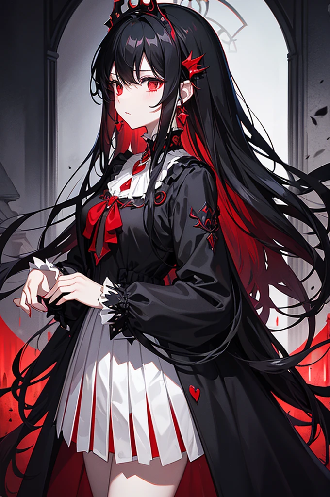 expressionless,,(dark fantasy),((Excellent illustrations)),(splash details), long black hair, red student, girl, pure black dress, Cover only, The cuffs and skirt are dark red., Ears attached to the side with a red erfly hairpin., Masterpiece, best quality, High quality, earphones,, Red and black crystal necklace, Black knee-length socks