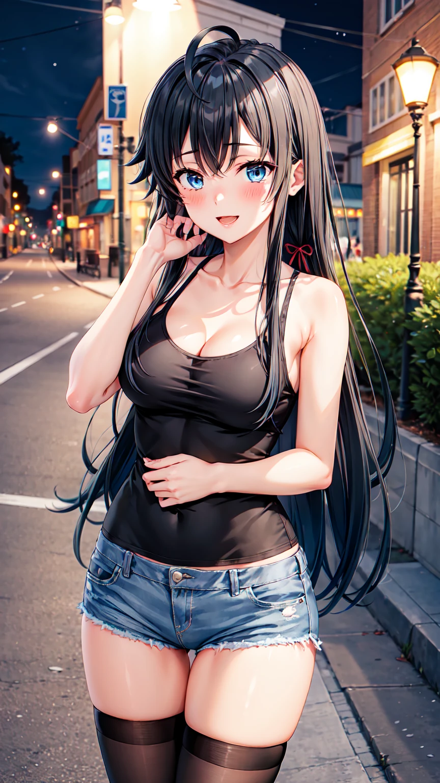 Masterpiece ,best quality , high resolution , (1 girl solo:1.38) , (yukino yukinoshita, black hair, blue eyes, long hair, ahoge) , (cleavage:1.05) , (big breast:1.06) , (denim_micro_short , top tank , stockings , sleeveless ) , (face view , look at view ) , ( outdoor , road , on street , night , lamp , city , shop) , (standing , thighs ) , (cowboy_shot) , (smile , open mouth full face blush , shy )