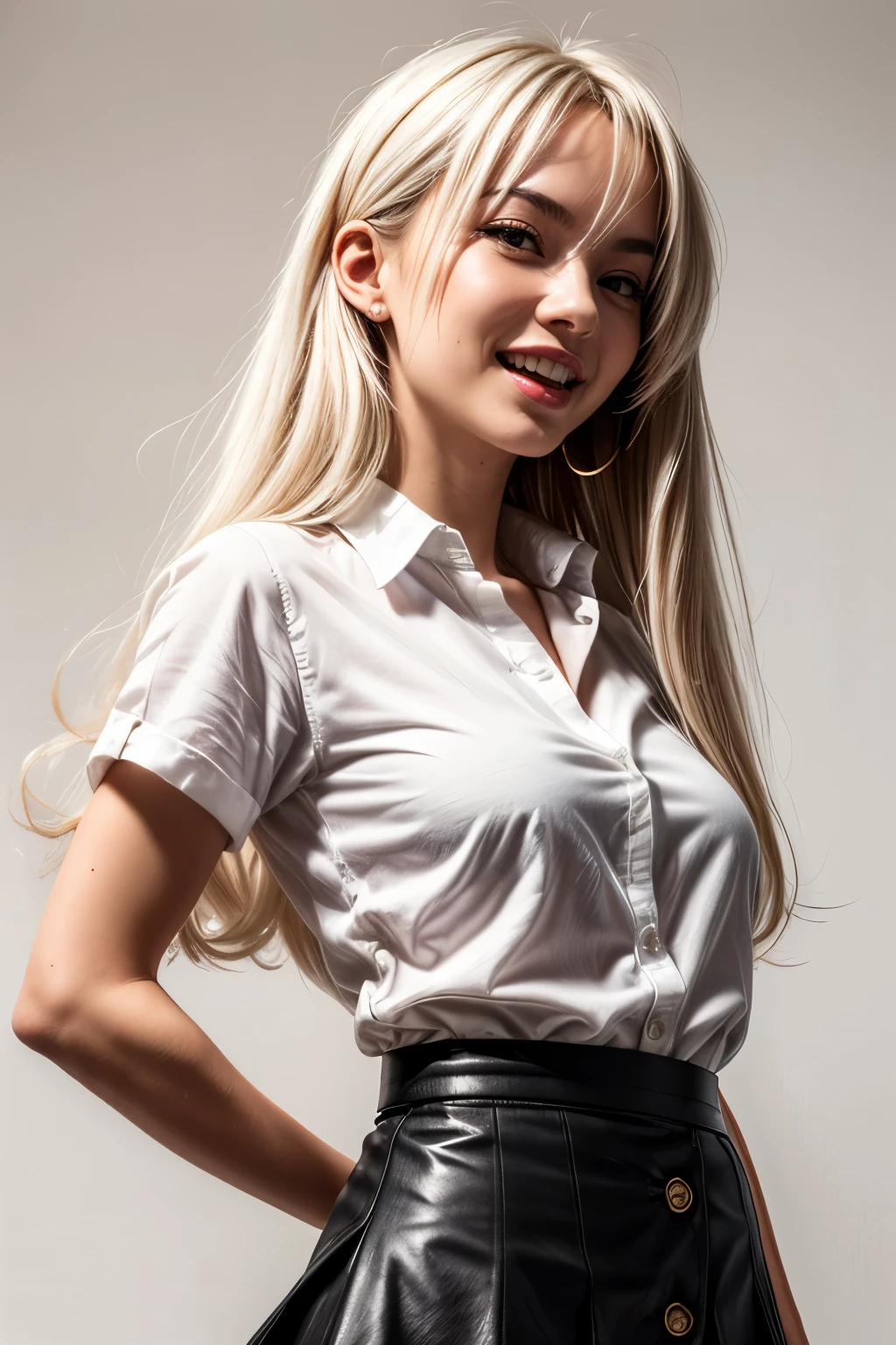 ((masterpiece, best quality)), (1girl), (solo), (female focus), (ahoge, white hair, very long hair), gold eyes, light smile, open mouth, ((white shirt), (buttoned shirt), (button gap)), ((black skirt), (short skirt)), standing, white background, arms behind back, dynamic angle, nsfw