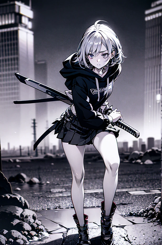 (masterpiece), (best quality), (ultra detailed), (high res 8K), 1 girl, late teenage, standing, contrappost, full body, low angle, hoody, mini-skirt,((katana)), short hair, silver hair, serious, looking away, cityscape in Tokyo, night, rim lighting, high contrast, professional lighting, stunning face, symmetrical clear eyes, detailed eyes and face,(near future)