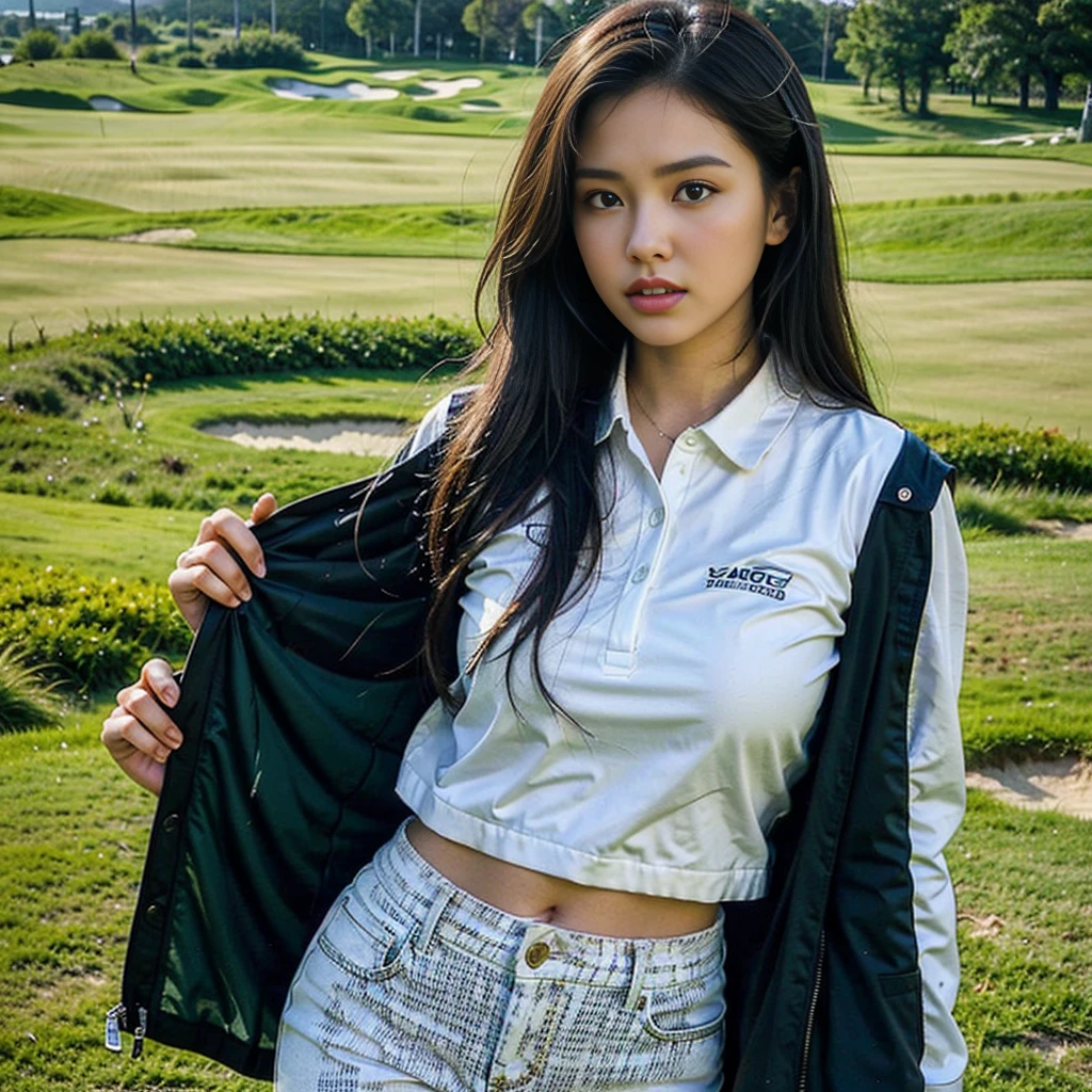 "young, incredibly beautiful woman, (best quality, mackerel), realistic, detailed eyes, detailed lips, professional golfer, On a vibrant green golf course, under the warm sunlight, Wearing stylish golf clothes, Swinging a golf club gracefully and accurately, Surrounded by cheering spectators, Enjoy spectacular views against a backdrop of rolling hills and well-maintained fairways..."MyNataLee Women、cr1r3