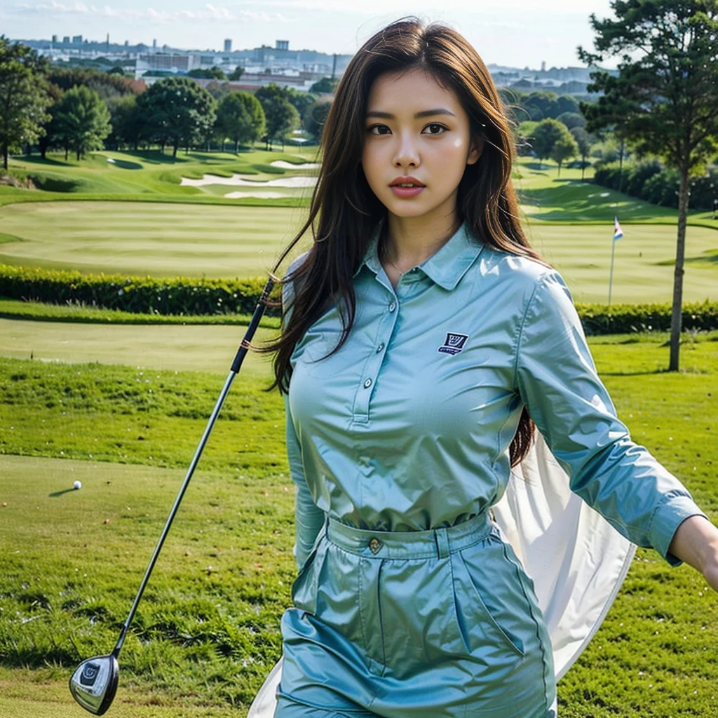 "young, incredibly beautiful woman, (best quality, mackerel), realistic, detailed eyes, detailed lips, professional golfer, On a vibrant green golf course, under the warm sunlight, Wearing stylish golf clothes, Swinging a golf club gracefully and accurately, Surrounded by cheering spectators, Enjoy spectacular views against a backdrop of rolling hills and well-maintained fairways..."MyNataLee Women、cr1r3
