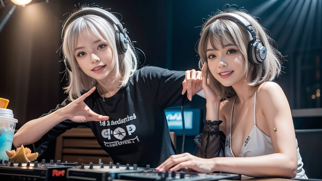(ultra - detailed, 16K resolution, Cinema lenses, rendering by octane), (high resolution:1.18), intricate detail, (masterpiece:1.1), (highest quality:1.1), (1girl, portrait, white hair, blue eyes, short hair, detailed eyes),Wearing silver DJ headphones, sequined T-shirt, (in the beach:1.5), (Iconic hip-hop pop costumes:1.3), Smile while DJing on stage, DJ studio next to the beach, ((A stylish DJ stage on a hill overlooking the beach)), full body shot, Photorealistic photography by Sunshine, (cute round face:1.3), perfect fingers, five fingers, beautiful hands, perfect hands. master peace, cute smile, Fixhand.