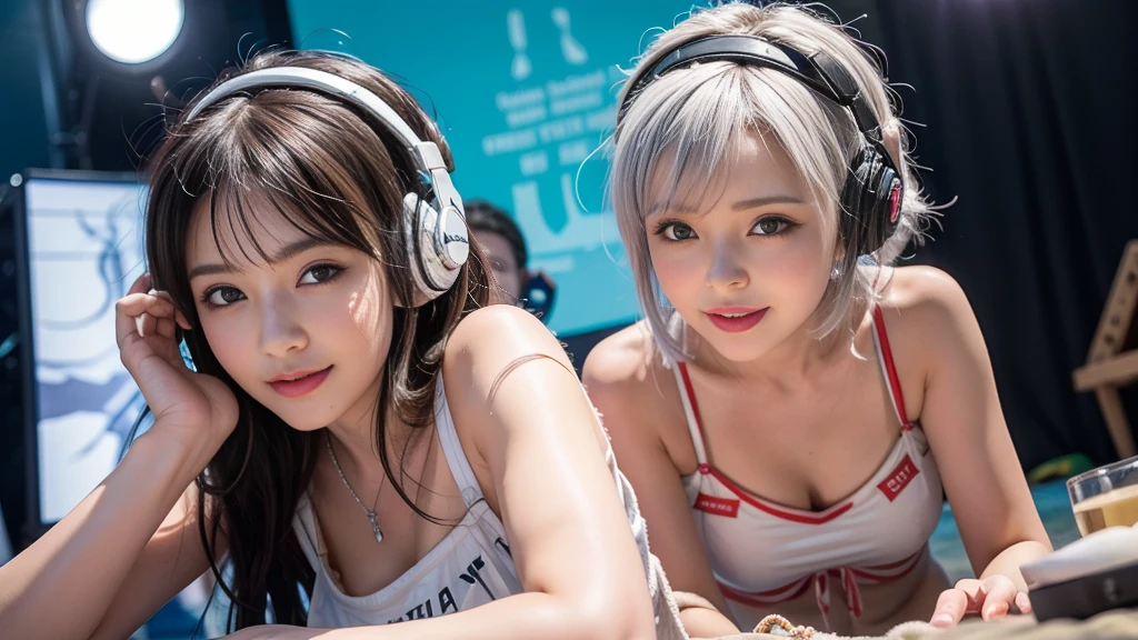 (ultra - detailed, 16K resolution, Cinema lenses, rendering by octane), (high resolution:1.18), intricate detail, (masterpiece:1.1), (highest quality:1.1), (1girl, portrait, white hair, blue eyes, short hair, detailed eyes),Wearing silver DJ headphones, sequined T-shirt, (in the beach:1.5), (Iconic hip-hop pop costumes:1.3), Smile while DJing on stage, DJ studio next to the beach, ((A stylish DJ stage on a hill overlooking the beach)), full body shot, Photorealistic photography by Sunshine, (cute round face:1.3), perfect fingers, five fingers, beautiful hands, perfect hands. master peace, cute smile, Fixhand.