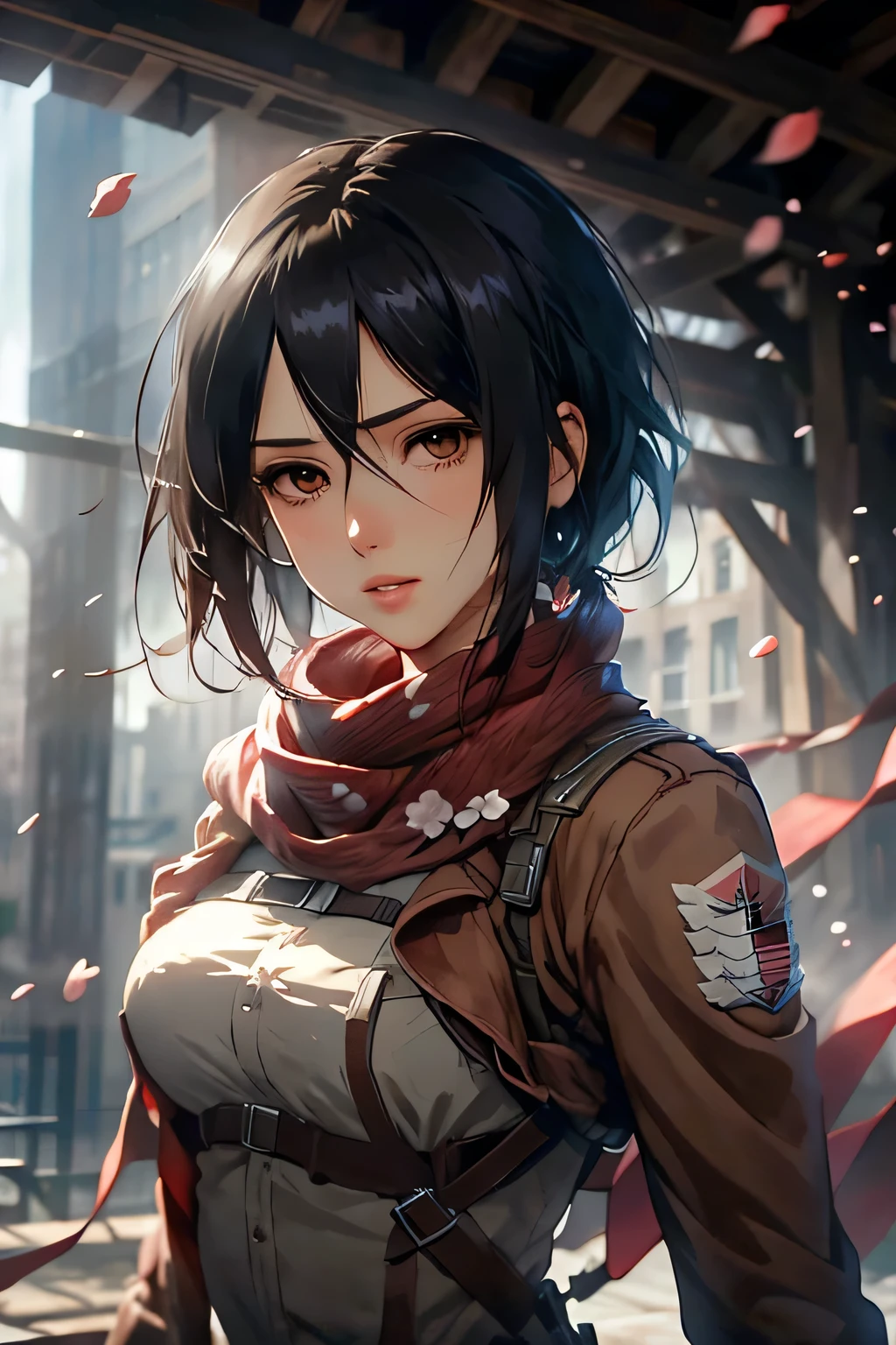 Masterpiece, absurderes, Mikasa (Attack on Titan), 1girl, Solo, Elegant woman, Off-the-shoulder silk dress, When looking at the camera, (Falling petals), Perfectcomposition, Detailed lips, ample chest, Beautiful features, body proportion, Blush, (Pink lips), Long black hair, Gray eyes, Gentle gaze, Super realistic, Detailed, photoshoot, Realistic faces and bodies
