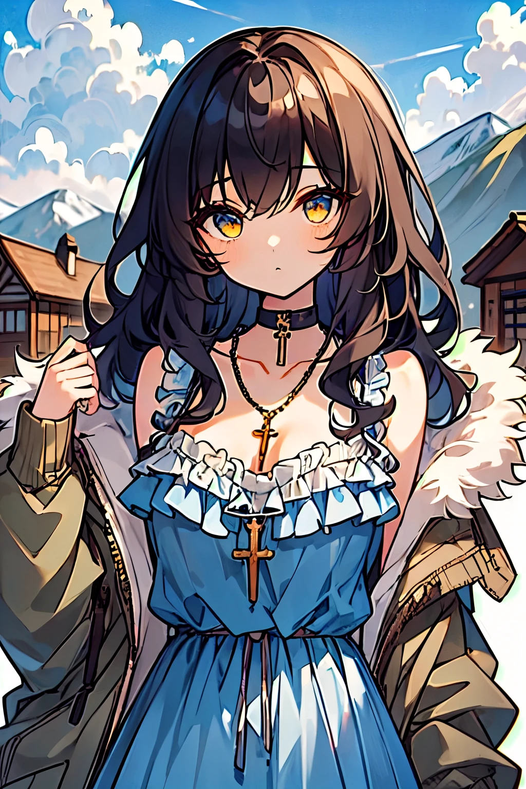 (masterpiece:1.2), (high quality:1.2), girls with((black hair, (wavy long hair, one side up:1.3), bare shoulders, breasts, choker, cleavage, coat, collar, collarbone, cowboy shot, dress, blue clothes, frills, rosary, rosary choker, cross, necklace, fur, fur collar, fur trim, hood down, hooded jacket, hoodie, jacket, large breasts, long hair, long sleeves, belt, suspenders, medium breasts, medium hair, necklace, open clothes, open hoodie, sleeveless, solo, winter clothes, zipper, cleavage, upper body, hand up, waving, palm)), background with((architecture, blue sky, bush, castle, village, no humans, cloud, cloudy sky, day, field, garden, grass, hill, house, lamppost, landscape, mountain, mountainous horizon, nature, no humans, outdoors, scenery, shrine, sky))