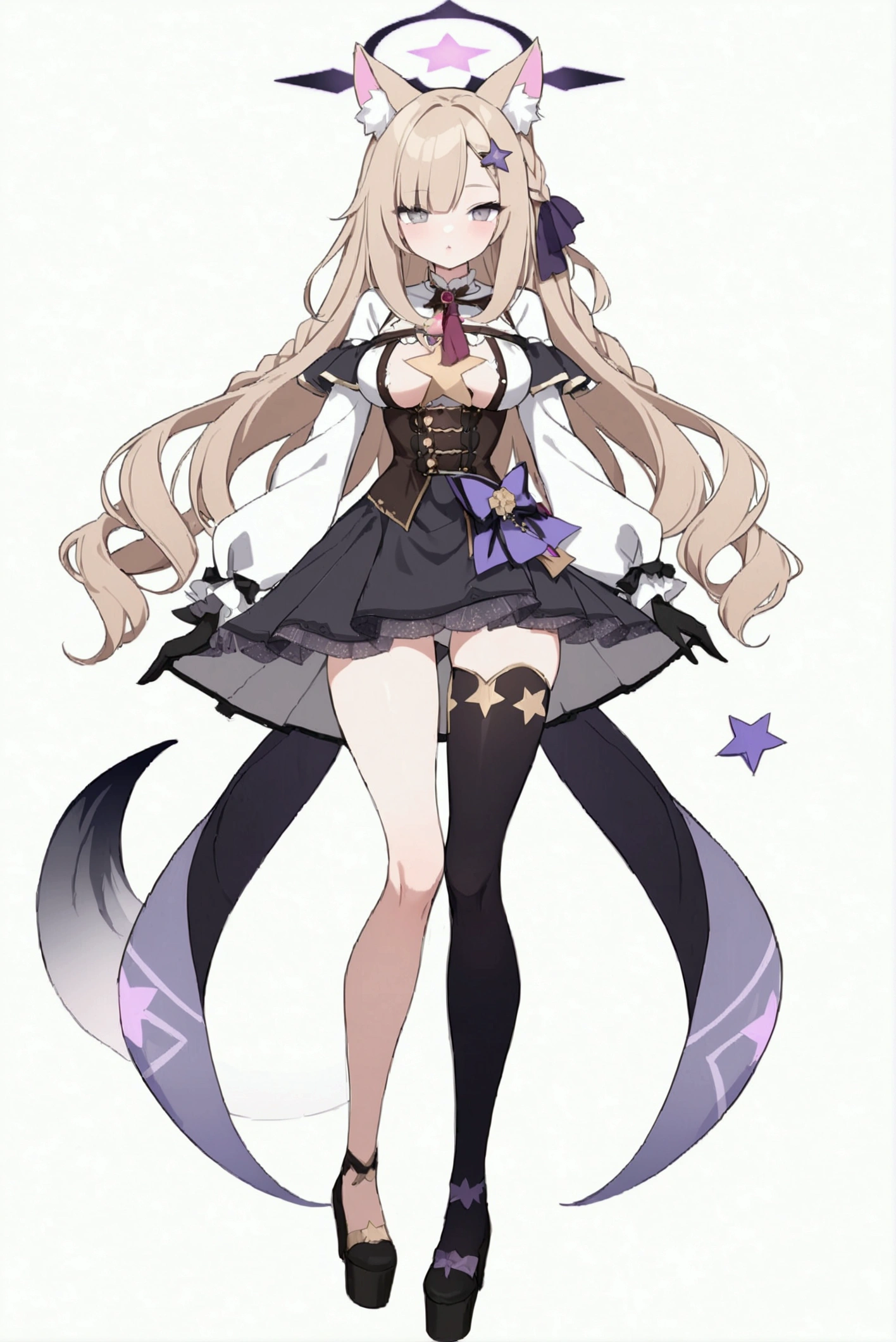 woman 170 cm tall. medium chest, wide hip, slim build, ((whole body)). (((character design sheet: front view))). (dark blonde hair, (hip-length wavy hair with asymmetrical bangs, star hairpin), (She has a short braid tied with an elegant purple ribbon on the left side of her hair above her chest). (She has a short braid tied with an elegant purple ribbon on the right side of her hair above her chest). She has small hair ties in the back of her hair..). ((Gray eyes with a pink 4-pointed star in the pupil)). Two black and purple fox ears located on the top of the head. (Luminous black halo with purple star patterns above his head). He has a black collar with a heart emblem on his neck.. (Elegant long one piece dress, thigh-length lace and ruffle skirt, ribbon decorations and star patterns on the dress). black gloves, beautiful black platform heels. gray belt at the waist with a large ribbon with a luminous pink heart in the middle. (It has a beautiful succubus tail that ends in a small purple star at the tip..). ((It has complex mechanical legs that reach up to the thighs and are black with small purple details..)). beautiful detailed hair, beautiful detailed dress. extremely detailed arms. extremely detailed face, small face, Beautiful detailed eyes, beautiful detailed lips. adorable. extremely detailed legs. (Best Quality, 4k, high resolution), ultra detailed, Exquisite and epic character art, ((White background)). (Focus on symmetry).