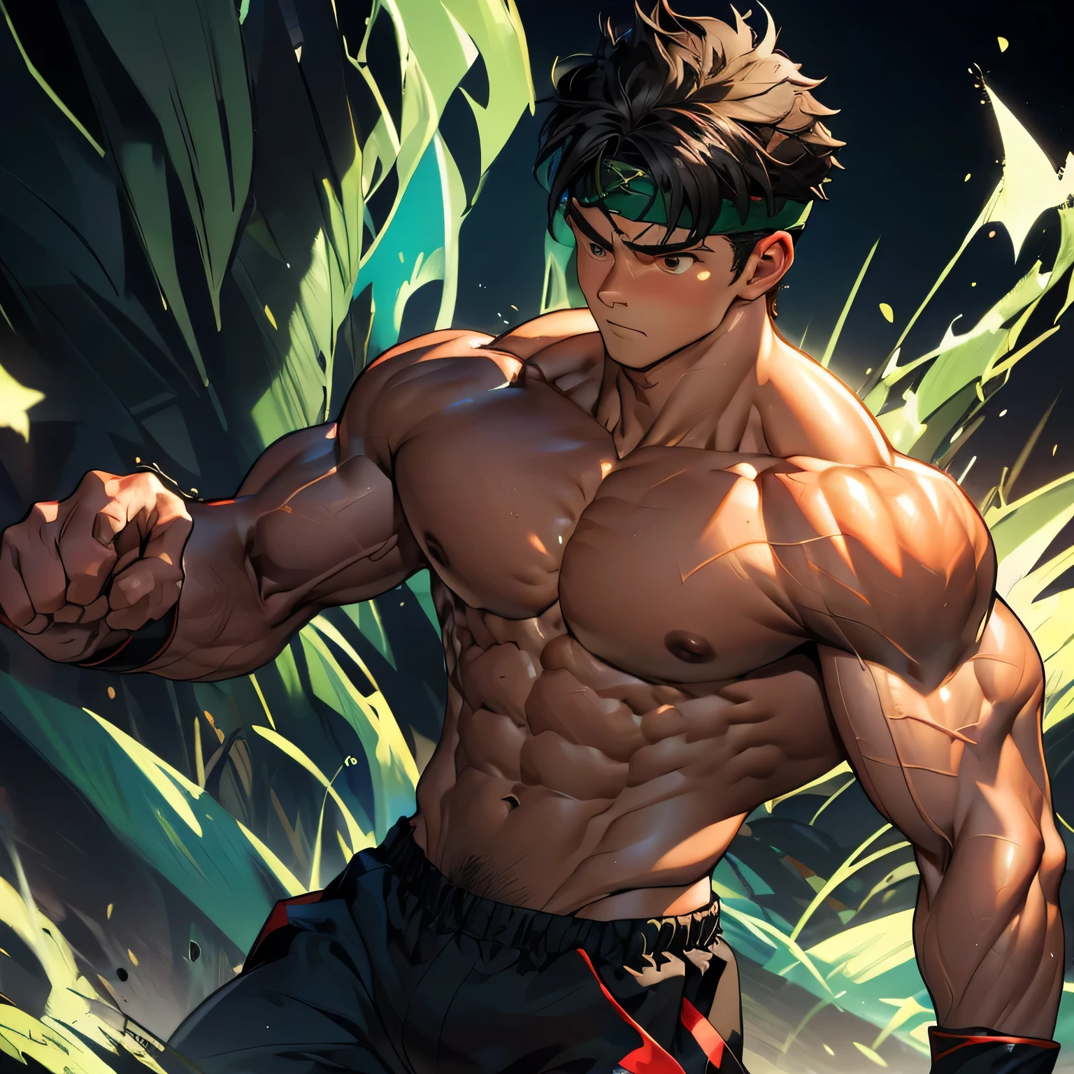 (Masterpiece, Best quality 17 year old boy, black background), Young, boy, muscler, Shirtless, ((((solo, intense battle scene, heroic figure, surrounded by swirling green aura)))), (Dark Short straight hair, ((almost completely shaved hair)), under cut, brown eyes), (red headband, ((black wristband))), Vivid colors, ((hot Abs:1.2, abs!, big abs, big breast:1.2, chest!, muscler upper arms, clenched fist)), muscler!, muscler body, Man with martial arts stance, detailed face, detailed muscle, (((random fighting pose, powerful, action, rippling muscles, turquoise aura around body, concentrate, deep night, man of steel)))