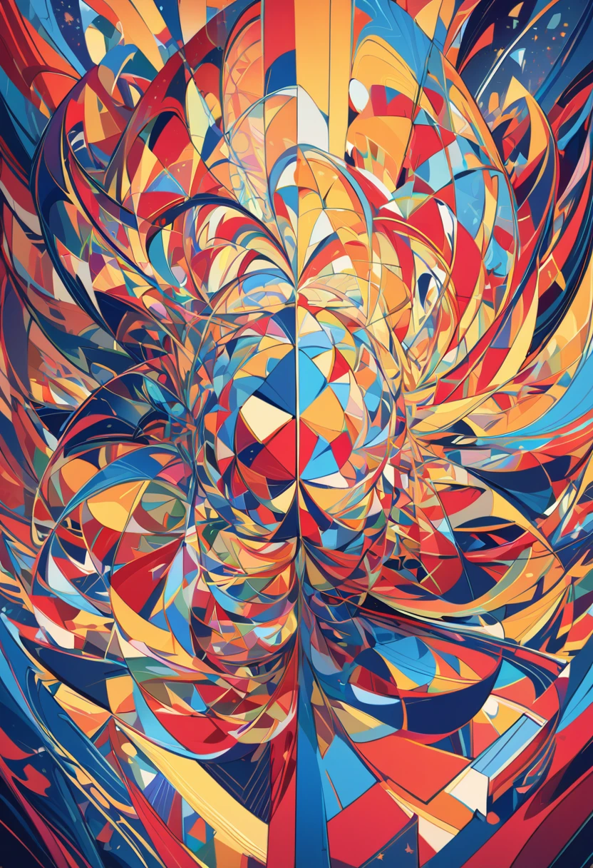 In the realm of abstract art, a fascinating canvas comes to life, showcasing the intricate beauty of a Voronoi diagram. The background is a vibrant tapestry of red, blue, and yellow hues, blending seamlessly to create a captivating contrast. The Voronoi diagram, as the centerpiece, is a mesmerizing display of interconnected shapes and lines, each segment painted in a unique shade of red, blue, or yellow. The overlapping patterns create an intricate network, reminiscent of a cosmic web, inviting the viewer to delve deeper into its abstract complexity. This high-resolution, 8k masterpiece is a testament to the artist'