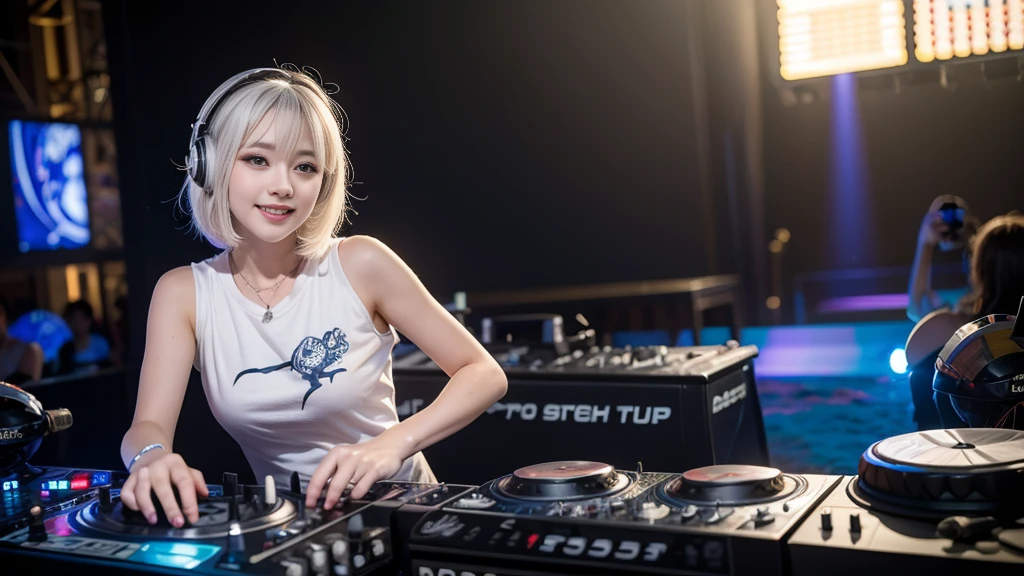 (ultra - detailed, 16K resolution, Cinema lenses, rendering by octane), (high resolution:1.18), intricate detail, (masterpiece:1.1), (highest quality:1.1), (1girl, portrait, white hair, blue eyes, short hair, detailed eyes),Wearing silver DJ headphones, sequined T-shirt, (in the beach:1.5), (Iconic hip-hop pop costumes:1.3), Smile while DJing on stage, DJ studio next to the beach, ((A stylish DJ stage on a hill overlooking the beach)), full body shot, Photorealistic photography by Sunshine, (cute round face:1.3), perfect fingers, five fingers, beautiful hands, perfect hands. master peace, cute smile, Fixhand.