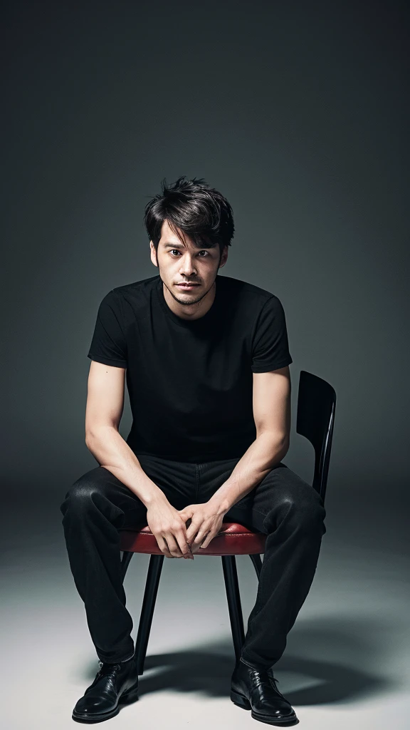 A 30 year old man sitting on a black chair looking forward crying