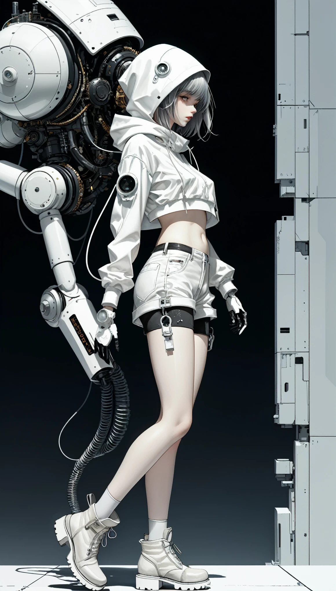in style of Santiago Caruso,Gray background,cowboy shot,from the side,Walking posture,Cybermechanical transformation girl,ghostwhite bobocut,,Ghost White Nylon Binding Shorts,Transforming Humanity,Ghost White Hoodie,Ghost White Nylon Binding Shorts,Pearl black robotic arm,A pipeline connected,Retro mechanical arm,Manga illustration style,looking for the viewer,Cubist Futurism, Conceptual art, UHD, award winning, best quality, 1080P, masterpiece