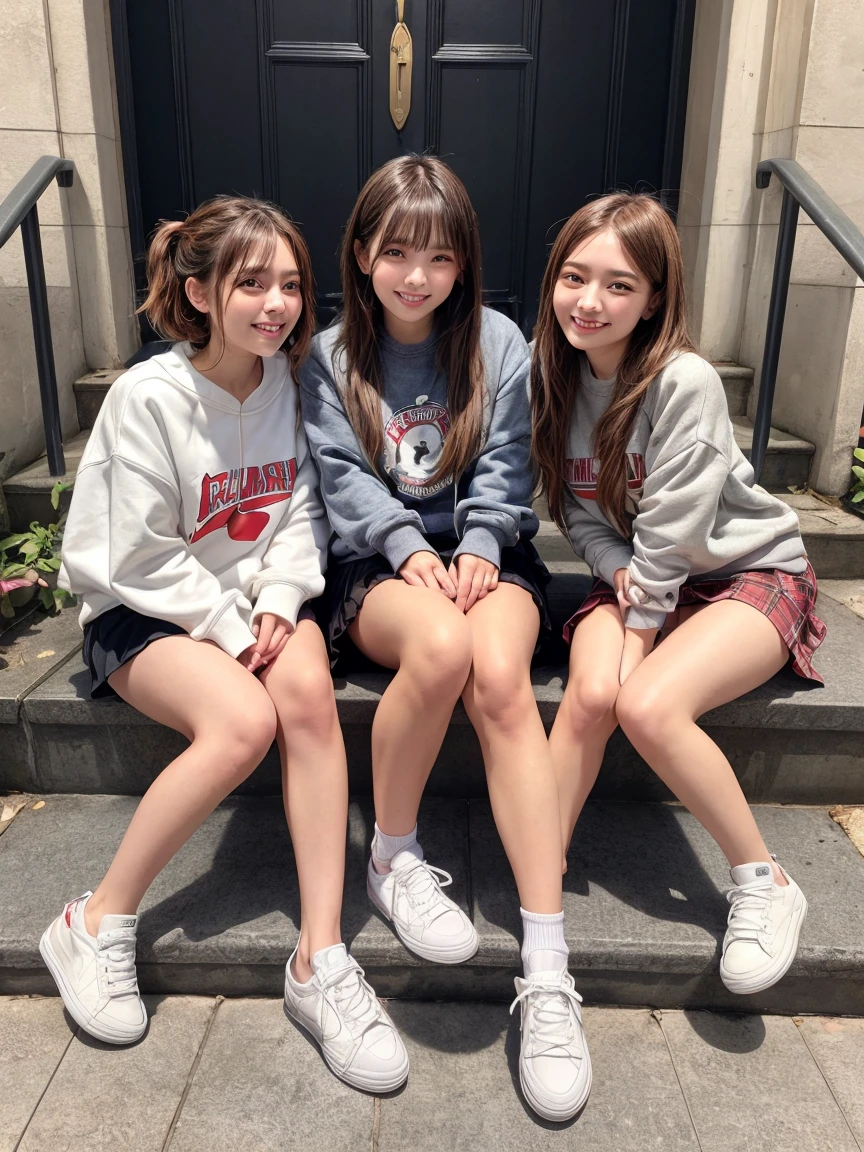 Four happy girls were sitting on the stone steps, Take a full body photo、Laughing happily、She was wearing a short sweatshirt, Vans Sneakers, Red Check Skirt、White sneakers, Black Hair, detached houses, Flowers,Happy girl with round face, Big eyes, Long eyelashes, Full-body display、Small pubic area、Hairless、Detailed female genitalia、Spread your legs、From directly below、I can see your pussy