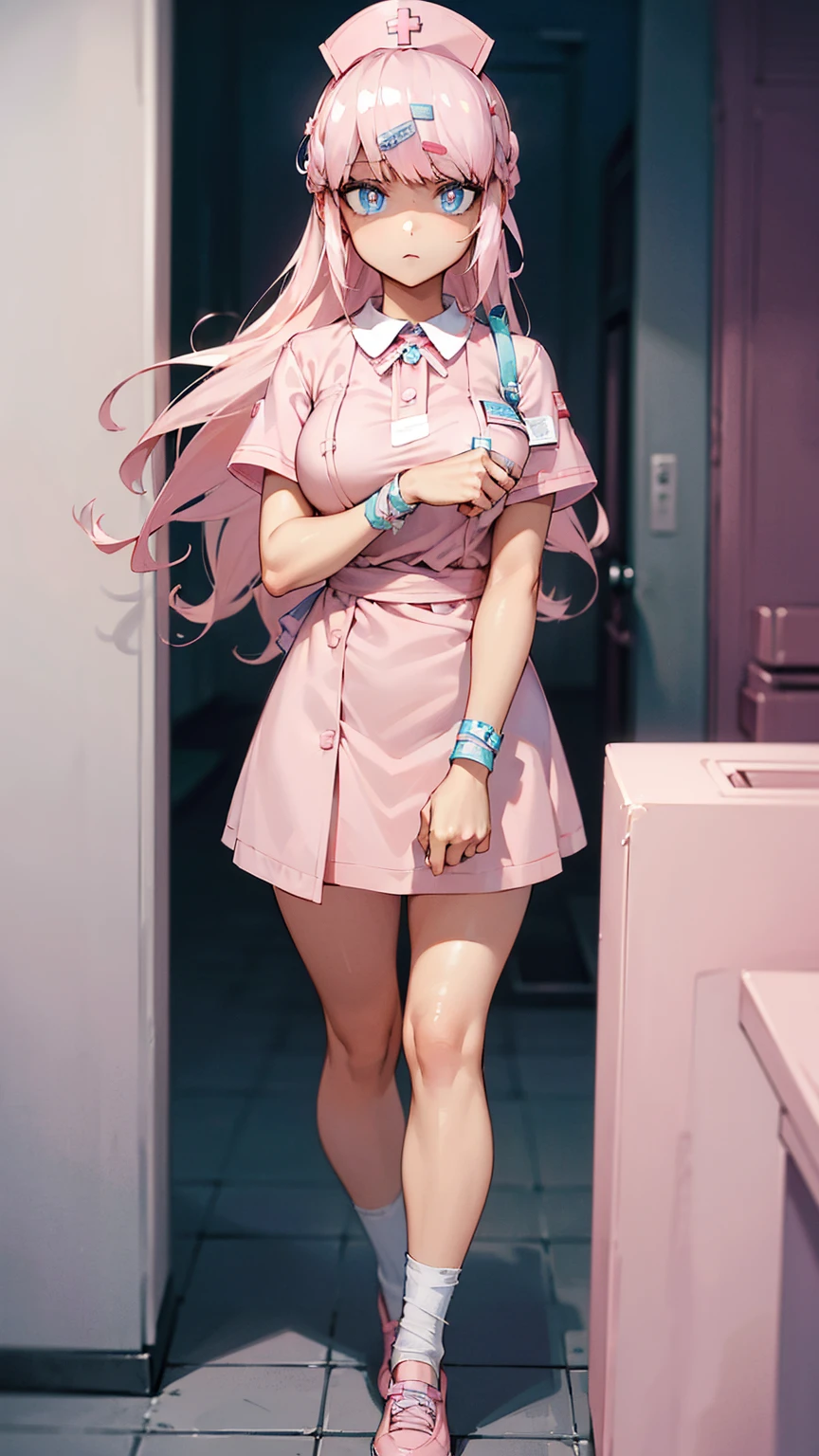 ((masterpiece)), ((Best quality)), (A high resolution:1.3), (Professional photography:1.2), 1 girl (Bianca Abercrombie), One, Bandage, cross Bandage, ((pink shoes)), pink flowing hair, Blue eyes, pink pupils, shy, bare thighs, Pink nurse clothes, nurse cap, (nurse uniform), Cross decoration, nurse, Go towards the viewer, (Like a syringe), Clinic