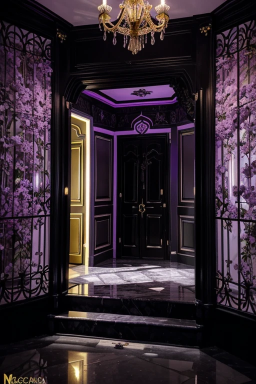 Illuminating the black jungle with white castles, lilac floral madness, violets and yellows, a gloomy room, glamorous and ostentatious in a gothic castle, the door of death, magnicas escaleras goticas gigantes