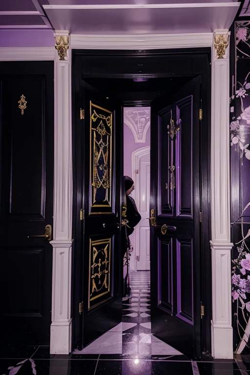 Illuminating the black jungle with white castles, lilac floral madness, violets and yellows, a gloomy room, glamorous and ostentatious in a gothic castle, the door of death, magnicas escaleras goticas gigantes