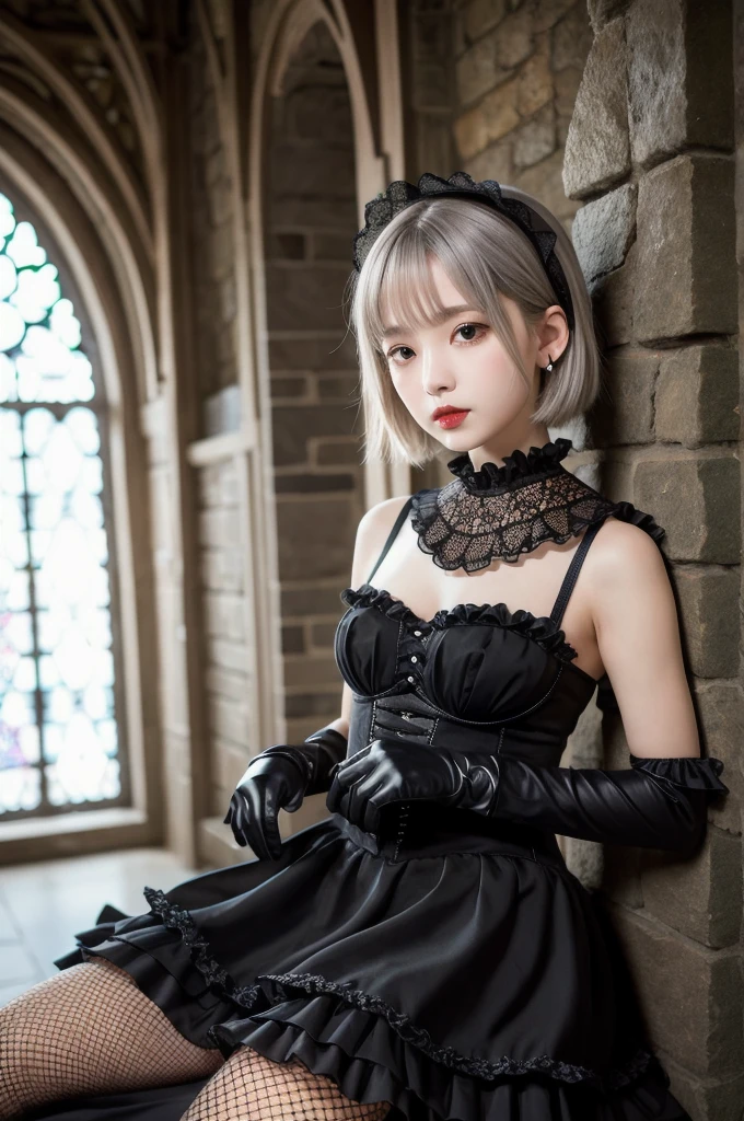 (8K, Photorealistic, Raw photo, Highest quality: 1.4),Japanese idol-style beautiful girl,model,1 person,18-year-old,(Short Bob),(Silver Hair :1.1),She has her hair tucked behind her ears,Headband,Clear grey eyes,Long eyelashes,(piercings(small)),(Pale, lifeless skin(Foundation)),(Lip gloss(Black :1.1)),thin long neck,Large Breasts,(Lace gloves),(gothic lolita dress(Frills,Puffy long skirt)),(layer),(Fishnet tights),Background of a room with heavy Gothic-style stone stained glass,Full body portrait