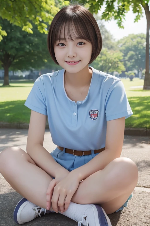 high resolution、High resolution、masterpiece、16-year-old high school girl、Cute round face with short bob hair、Detailed young face、smile、Sitting cross-legged in the park、(looking at the camera)4K