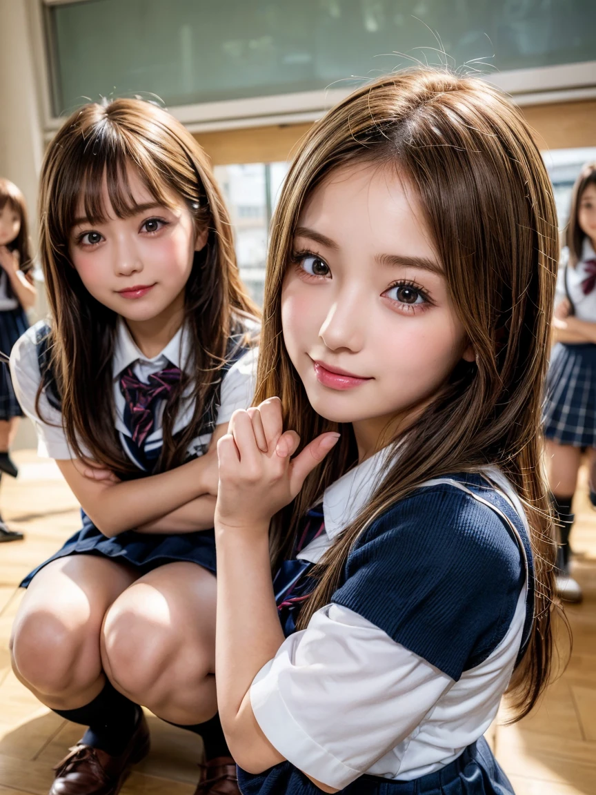 (Browsing Caution), ((masterpiece)), ((Highest quality)), (Very detailedな), ((cute)), cute, (Multi-point), ((sexy)), (device), ((Very detailed)), 4K, (8K), Highest quality, (beautiful), hyper cute face, shape, Anime Style,hyper Genuineistic, Genuine, Dynamic Angle, ((whole body)), close, Thick outline, Clear contours, at school, (Three Girls, 3 cute girls:1.5), (Schoolgirl uniform :1.5), beautiful light brown hair, beautiful brown eyes, ((beautiful eyes)), (Squat:1.5), short hair, Big Breasts,  smile