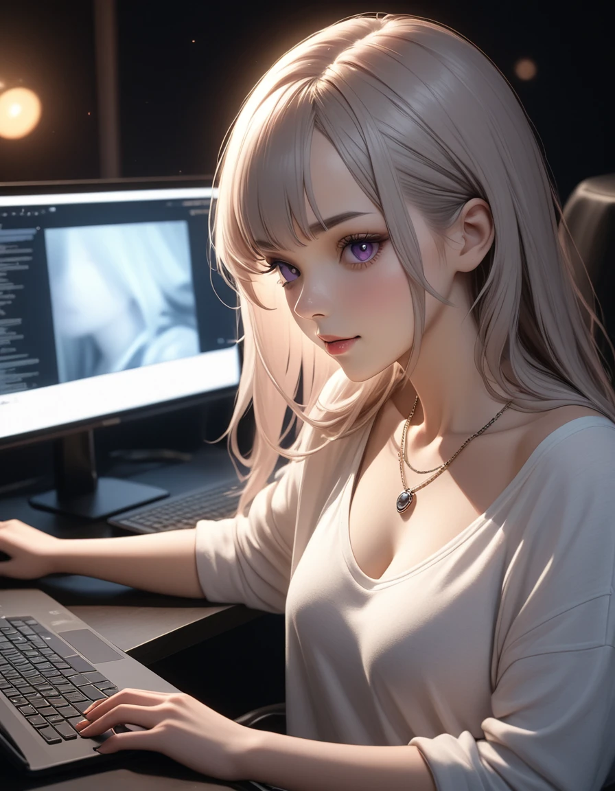 best quality, masterpiece, high resolution, A girl, platinum hair, purple eyes, necklace, jewelry, Pretty Face, Tyndall effect, lifelike, Dark Studio, Side lighting, Two-color lighting, (HD Skin:1.2), 8k , Soft Light, high quality, Volumetric Lighting, frank, high resolution, 8k, Bokeh,hort depth of field, hacker female, computer