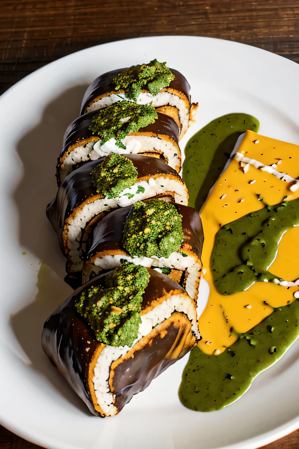 A plate of cashew roll, mountain chimmichurri, fresh cheese