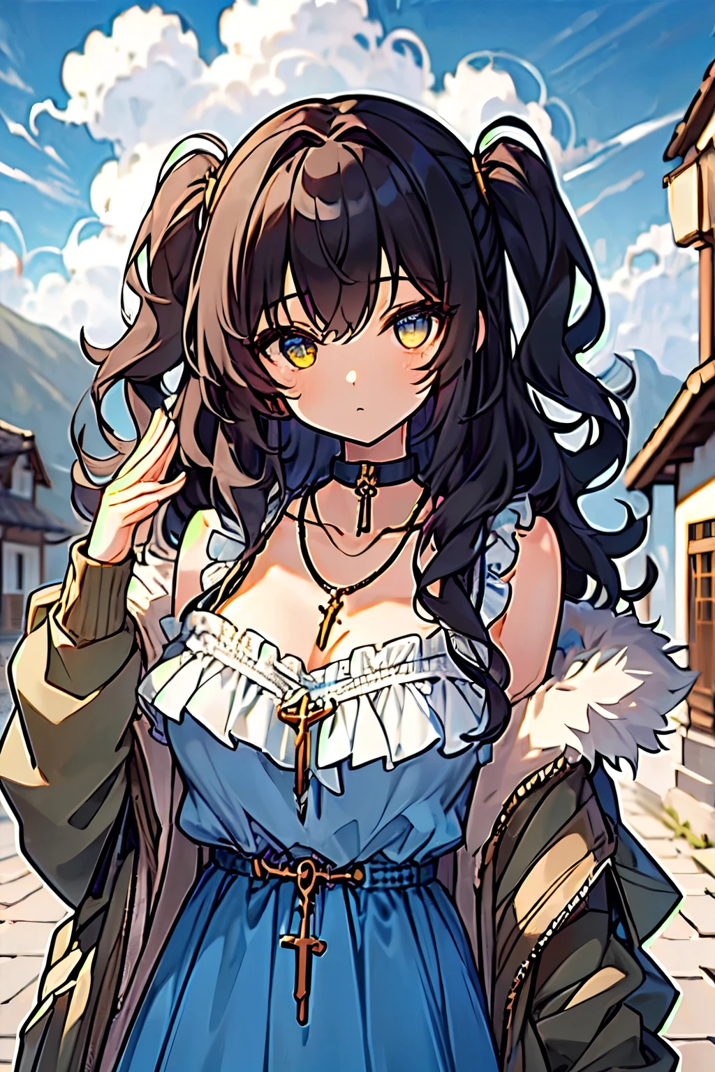 (masterpiece:1.2), (high quality:1.2), girls with((black hair, (wavy long hair, one side up:1.3), bare shoulders, breasts, choker, cleavage, coat, collar, collarbone, cowboy shot, dress, blue clothes, frills, rosary, rosary choker, cross, necklace, fur, fur collar, fur trim, hood down, hooded jacket, hoodie, jacket, large breasts, long hair, long sleeves, belt, suspenders, medium breasts, medium hair, necklace, open clothes, open hoodie, sleeveless, solo, winter clothes, zipper, cleavage, upper body, hand up, waving, palm)), background with((architecture, blue sky, bush, castle, village, no humans, cloud, cloudy sky, day, field, garden, grass, hill, house, lamppost, landscape, mountain, mountainous horizon, nature, no humans, outdoors, scenery, shrine, sky))