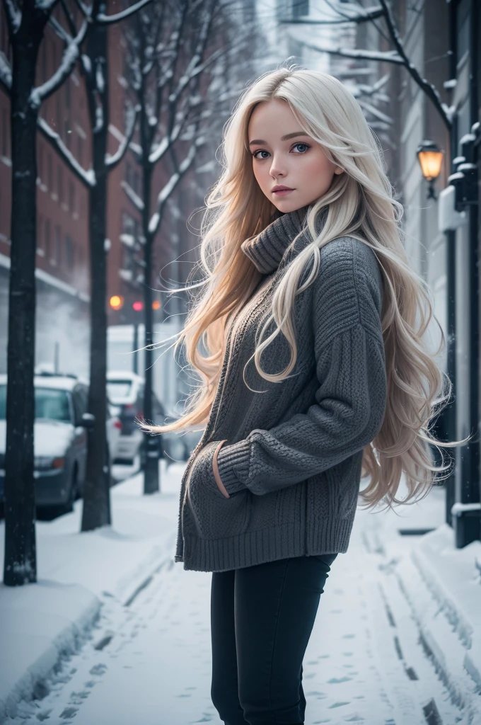professional photography of a beautiful norwegian girl in winter clothes with long wavy blonde hair, sensual and seductive look, beautiful symmetrical face, beautiful natural makeup, wearing chic warm winter fashion clothing, ((standing outside on the snowy city street)), impressive modern urban environment, ultra realistic, conceptual artwork, chic, highy detailed, intricate, sharp focus, Depth of field, f/1. 8, 85 mm, medium shot, mid shot, (((professional color grading))), soft and bright diffused light, (Volumetric fog), Trends on Instagram, HD 4k, 8K