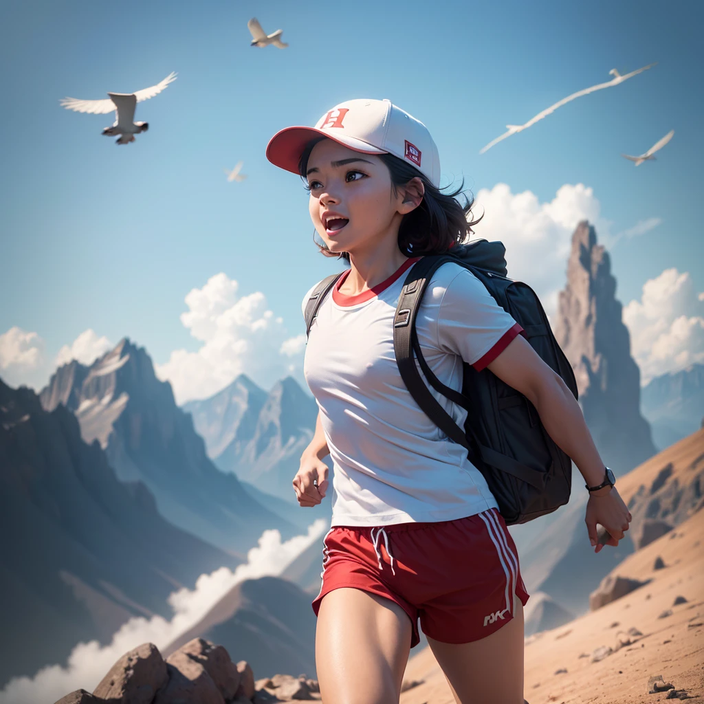 a small  running excitedly, wearing white t-shirt, carrying backpack, red hat, beautiful mountains, clear sky, flying birds, Si Bolong film title, (best quality,4k,8k,highres,masterpiece:1.2),ultra-detailed,(realistic,photorealistic,photo-realistic:1.37),vibrant colors,dramatic lighting,warm tones,cinematic composition