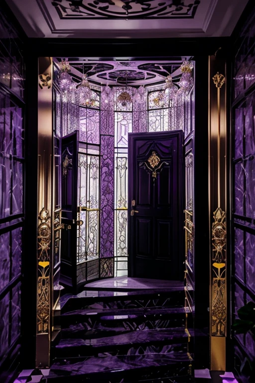 Illuminating the black jungle with white castles, lilac floral madness, violets and yellows, a gloomy room, glamorous and ostentatious in a gothic castle, the door of death, magnicas escaleras goticas gigantes