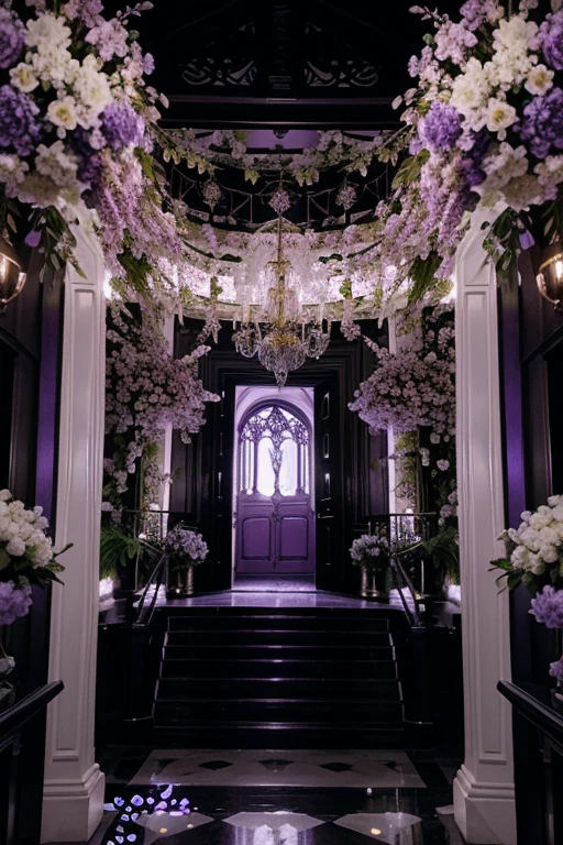 Illuminating the black jungle with white castles, lilac floral madness, violets and yellows, a gloomy room, glamorous and ostentatious in a gothic castle, the door of death, magnicas escaleras goticas gigantes 