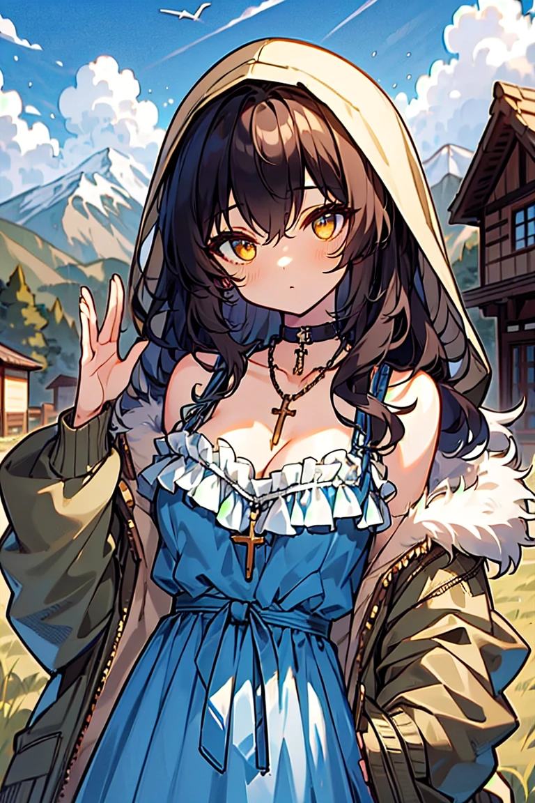(masterpiece:1.2), (high quality:1.2), girls with((black hair, (wavy long hair, one side up:1.3), bare shoulders, breasts, choker, cleavage, coat, collar, collarbone, cowboy shot, dress, blue clothes, camisole, rosary, rosary choker, cross, necklace, fur, fur collar, fur trim, hood down, hooded jacket, hoodie, jacket, large breasts, long hair, long sleeves, black belt, suspenders, medium breasts, medium hair, necklace, open clothes, open hoodie, sleeveless, solo, winter clothes, zipper, cleavage, upper body, hand up, waving, palm)), background with((architecture, blue sky, bush, castle, village, no humans, cloud, cloudy sky, day, field, garden, grass, hill, house, lamppost, landscape, mountain, mountainous horizon, nature, no humans, outdoors, scenery, shrine, sky))