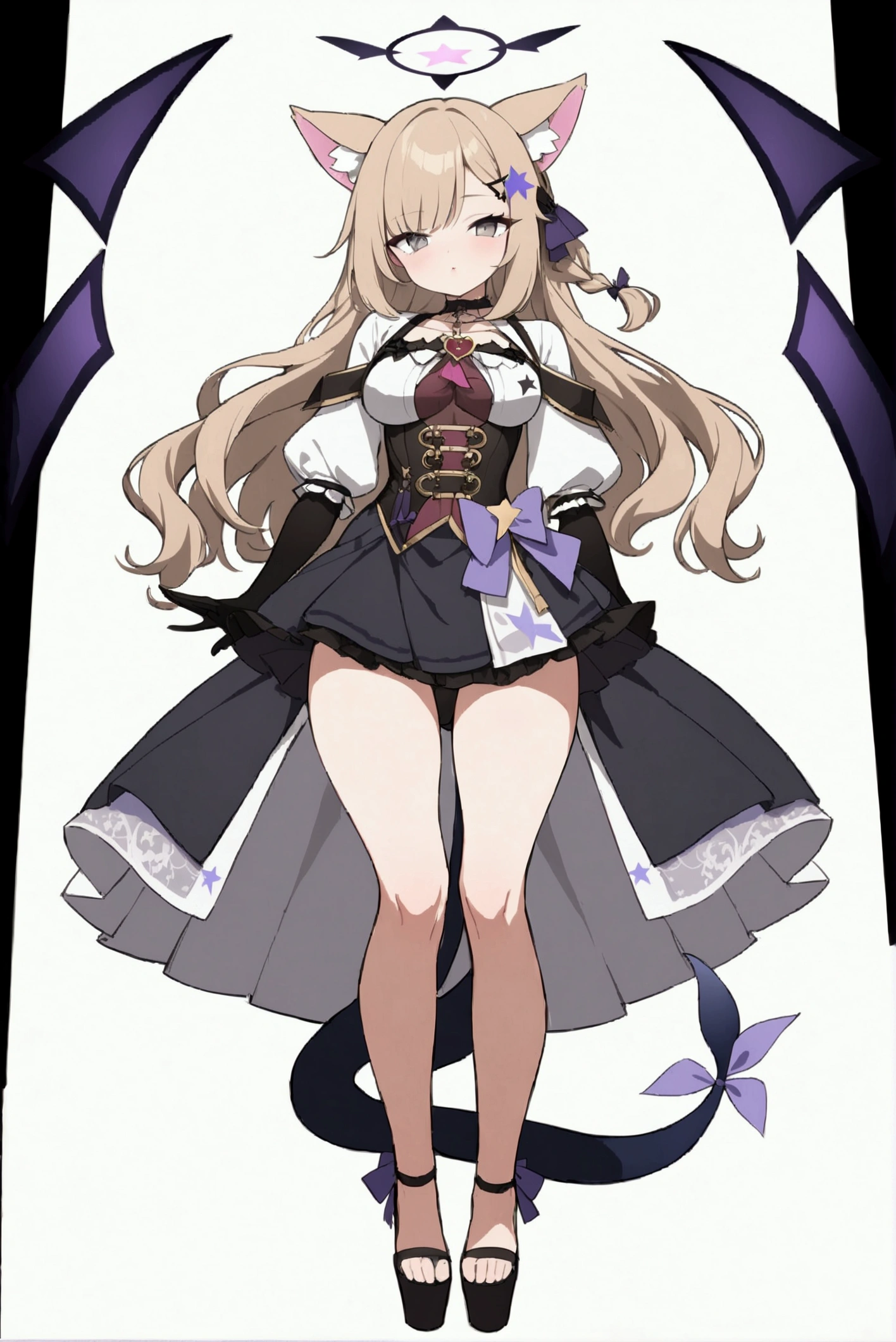 woman 170 cm tall. medium chest, wide hip, slim build, ((whole body)). (((character design sheet: front view))). (dark blonde hair, (hip-length wavy hair with asymmetrical bangs, star hairpin), (She has a short braid tied with an elegant purple ribbon on the left side of her hair above her chest). (She has a short braid tied with an elegant purple ribbon on the right side of her hair above her chest). She has small hair ties in the back of her hair..). ((Gray eyes with a pink 4-pointed star in the pupil)). Two black and purple fox ears located on the top of the head. (Luminous black halo with purple star patterns above his head). He has a black collar with a heart emblem on his neck.. (Elegant long one piece dress, thigh-length lace and ruffle skirt, ribbon decorations and star patterns on the dress). black gloves, beautiful black platform heels. gray belt at the waist with a large ribbon with a luminous pink heart in the middle. (It has a beautiful succubus tail that ends in a small purple star at the tip..). ((It has complex mechanical legs that reach up to the thighs and are black with small purple details..)). beautiful detailed hair, beautiful detailed dress. extremely detailed arms. extremely detailed face, small face, Beautiful detailed eyes, beautiful detailed lips. adorable. extremely detailed legs. (Best Quality, 4k, high resolution), ultra detailed, Exquisite and epic character art, ((White background)). (Focus on symmetry).
