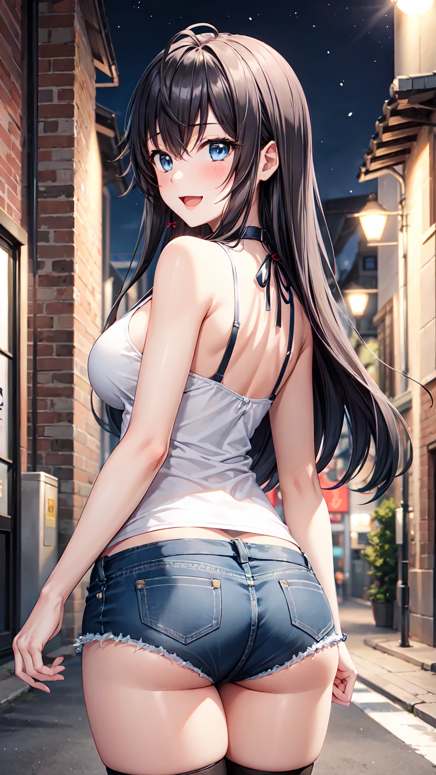 Masterpiece ,best quality , high resolution , (1 girl solo:1.38) , (yukino yukinoshita, black hair, blue eyes, long hair, ahoge) , (cleavage:1.05) , (big breast:1.06) , (denim_micro_short , top tank , stockings , sleeveless ) , (face view , look at view , back view , from behind , head back ) , ( outdoor , road , on street , night , lamp , city , shop) , (standing , thighs ) , (cowboy_shot) , (smile , open mouth full face blush , shy )