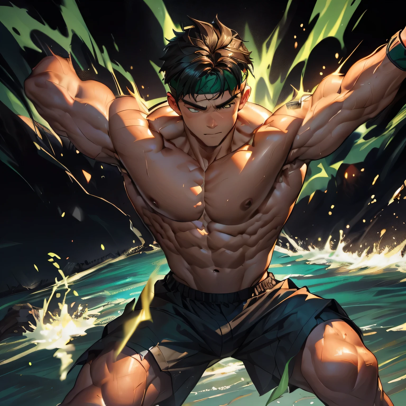 (Masterpiece, Best quality 17 year old boy, black background), Young, boy, muscler, Shirtless, ((((solo, intense battle scene, heroic figure, surrounded by swirling green aura)))), (Dark Short straight hair, ((almost completely shaved hair)), under cut, brown eyes), (red headband, ((black wristband))), Vivid colors, ((hot Abs:1.2, abs!, big abs, big breast:1.2, chest!, muscler upper arms, clenched fist)), muscler!, muscler body, Man with martial arts stance, detailed face, detailed muscle, (((random fighting pose, powerful, action, rippling muscles, turquoise aura around body, concentrate, deep night, man of steel)))