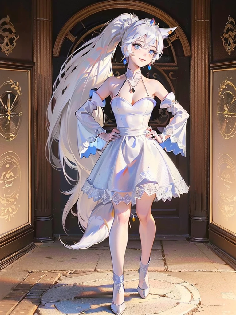 great quality ++ Extremely detailed high resolutionolution, very aesthetic, expressive eyes, (((Perfect face))), (((face symmetrical))), ((good anatomy)), (((perfect hands))), (((8k))), UHD, hd wallpaper, (((detailed high cal, (((((1girl)))))), only, Masterpiece, The best quality, high resolution, Highly detailed, (illustration), Beautiful detailed eyes, ((((full body))), (((solo))), (((((koyan-la1))))), (((cosplay of Weiss Schnee))), (((smiling))), (((fusion))), (((agglutination))), (((Combination))), (((((White hair))))), (((blue eyes))), (((ponytail))), (((white dress))), (((jewelry))), (((necklace))), (((earrings))), only, jaeces, earrings, long hair, parody, (((scar))), (((scar ocular))), (((hair ornament))), (((office background))), (((hand on hip))), (((strolling))), Side ponytail, scar en la cara, Upper part of the body, (((fox tail))), (((fox ears))), (((tiara))), (((jewelry))), (((earrings))), (((neckline trimming))),