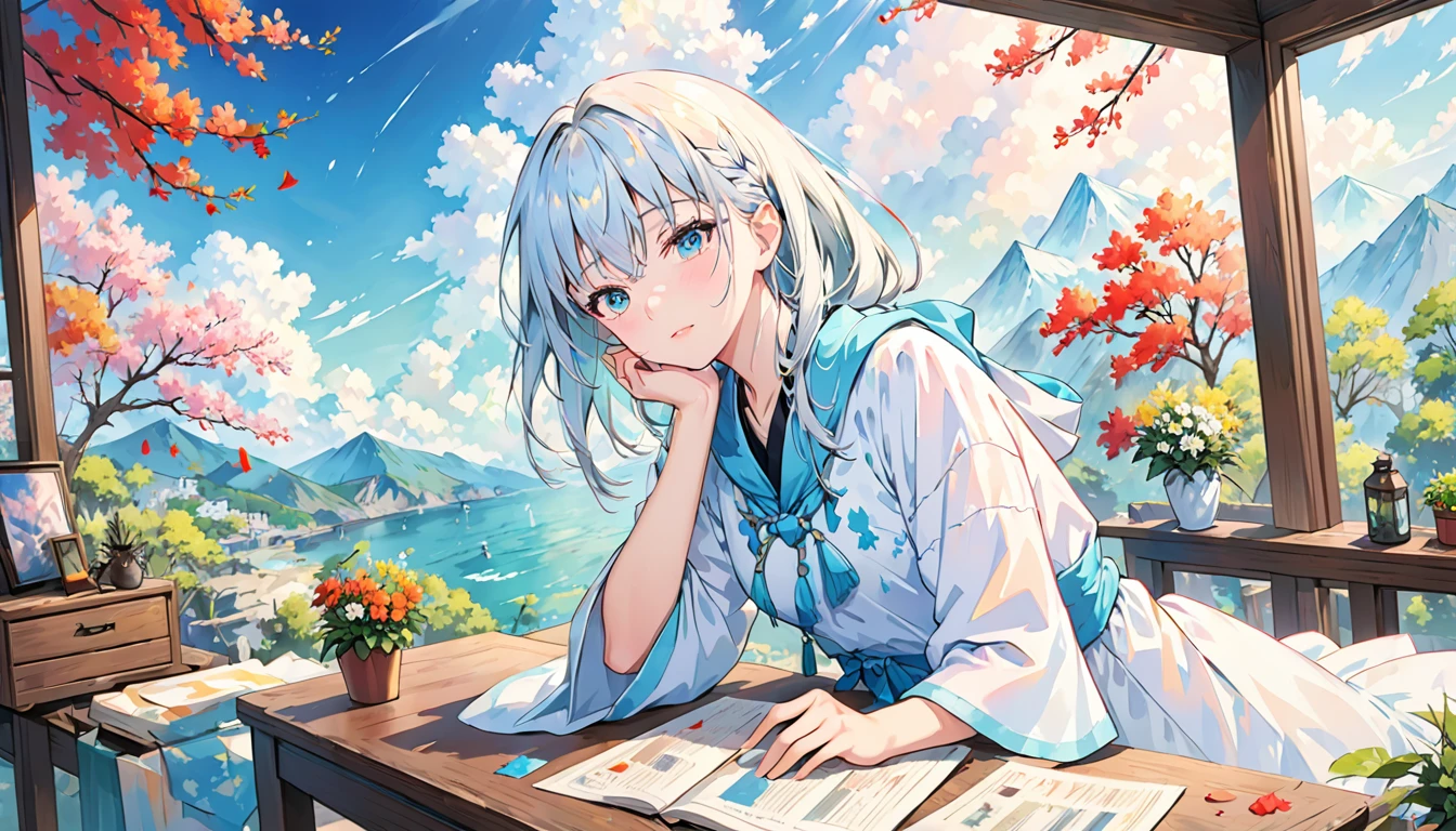 Shirakami Fubuki/(Holographic live broadcast/),(on the table:1.6, best quality), (Delicate and beautiful eyes: 1.2), (Extremely detailed CG Unity 8K wallpapers, on the table, Super detailed, best shadow), (Detailed background), (Beautiful and delicate face, Beautiful and delicate eyes), high contrast, high resolution, (best lighting, extremely delicate and beautiful),1 girl in, ((Colorful paint splash isolated on transparent background, more)), ((corrosive)), dynamic angle, Beautiful and detailed light, whole body, Cowboy shooting,