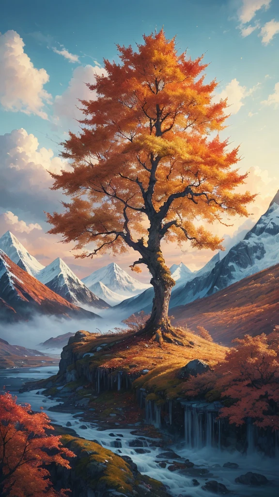 dreamlike art,hoang lap,A high resolution,tmasterpiece,icecreen,best qualityer,autumnal,tree branch,foliage,the fruits,amarelo,o cachorrinuntains in autumn,ln the forest,Mare,Skysky,cloudountain peaks,