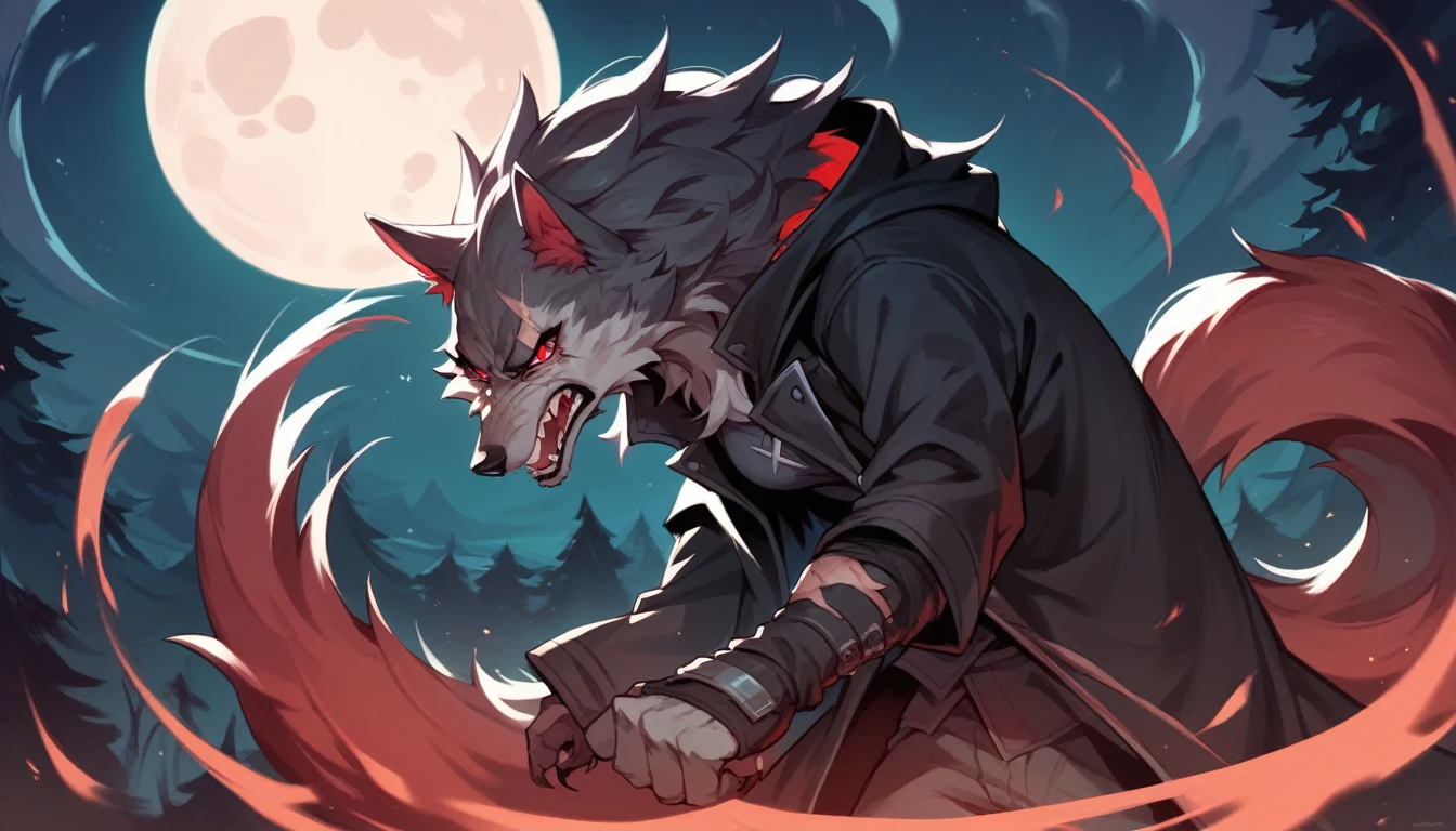 ((Wolf Girl)), ((Wolf)), Black Coat, ((Red Eyes)), ((Possessive)), ((Long Tail)), Angry, Scars, Night, Moon, HD, High Resolution, 4K