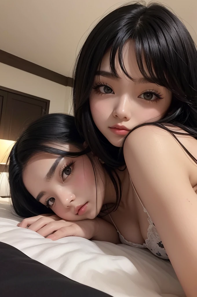 Twenty year old girl, Bblack hair, seminua, lying on a bed, Luxurious room