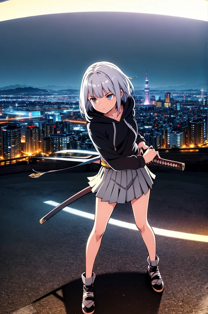 (masterpiece), (best quality), (ultra detailed), (high res 8K), 1 girl, late teenage, standing, contrappost, full body, low angle, hoody, mini-skirt,((katana)), short hair, silver hair, serious, looking away, cityscape in Tokyo, night, rim lighting, high contrast, professional lighting, stunning face, symmetrical clear eyes, detailed eyes and face,(near future)