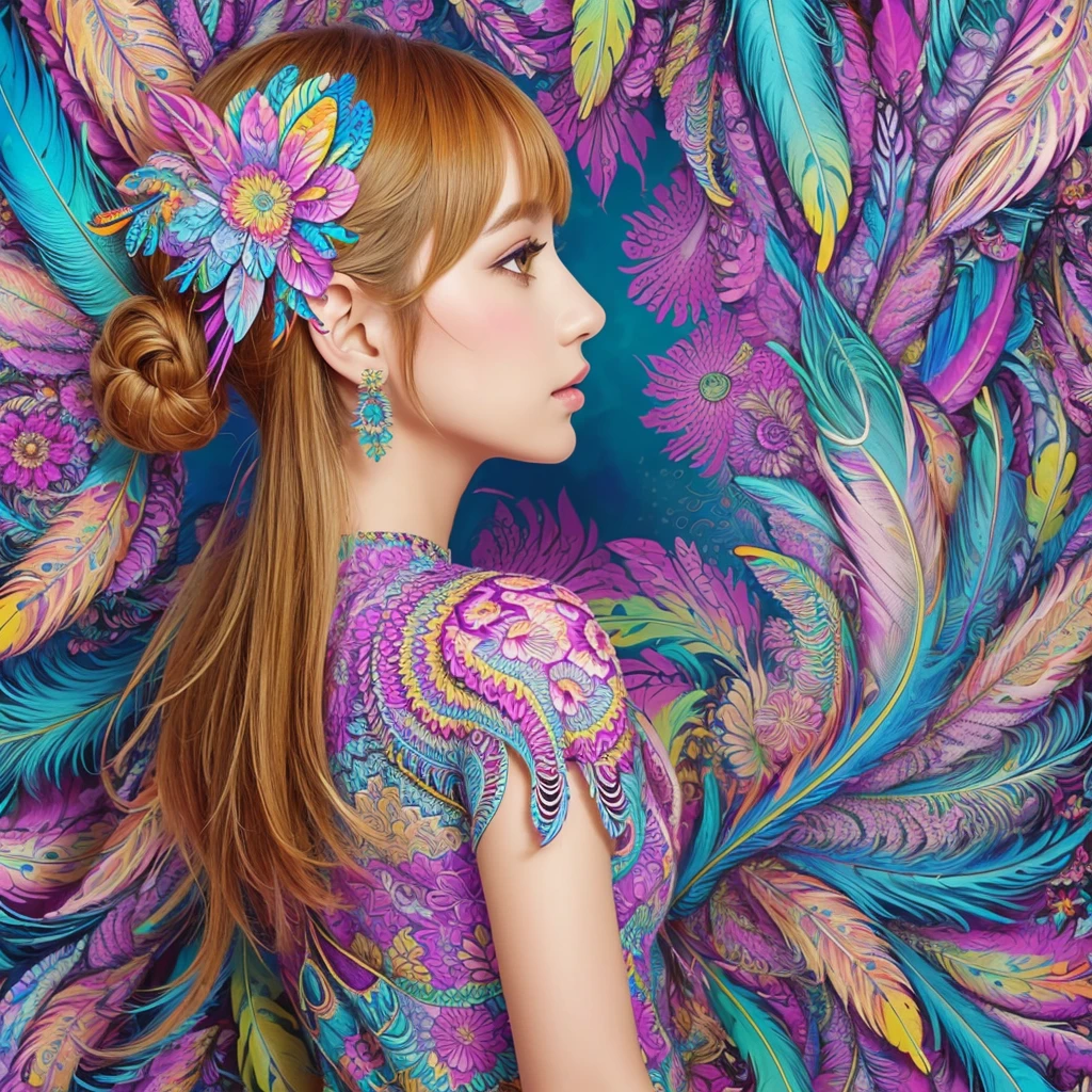 (1girl, solo, from side), extremely detailed, (abstract background, zentangle, fractal art:1.3), (many colors, colorful:1.1), (feathers, petals, flowers:1.3), dynamic pose, earrings