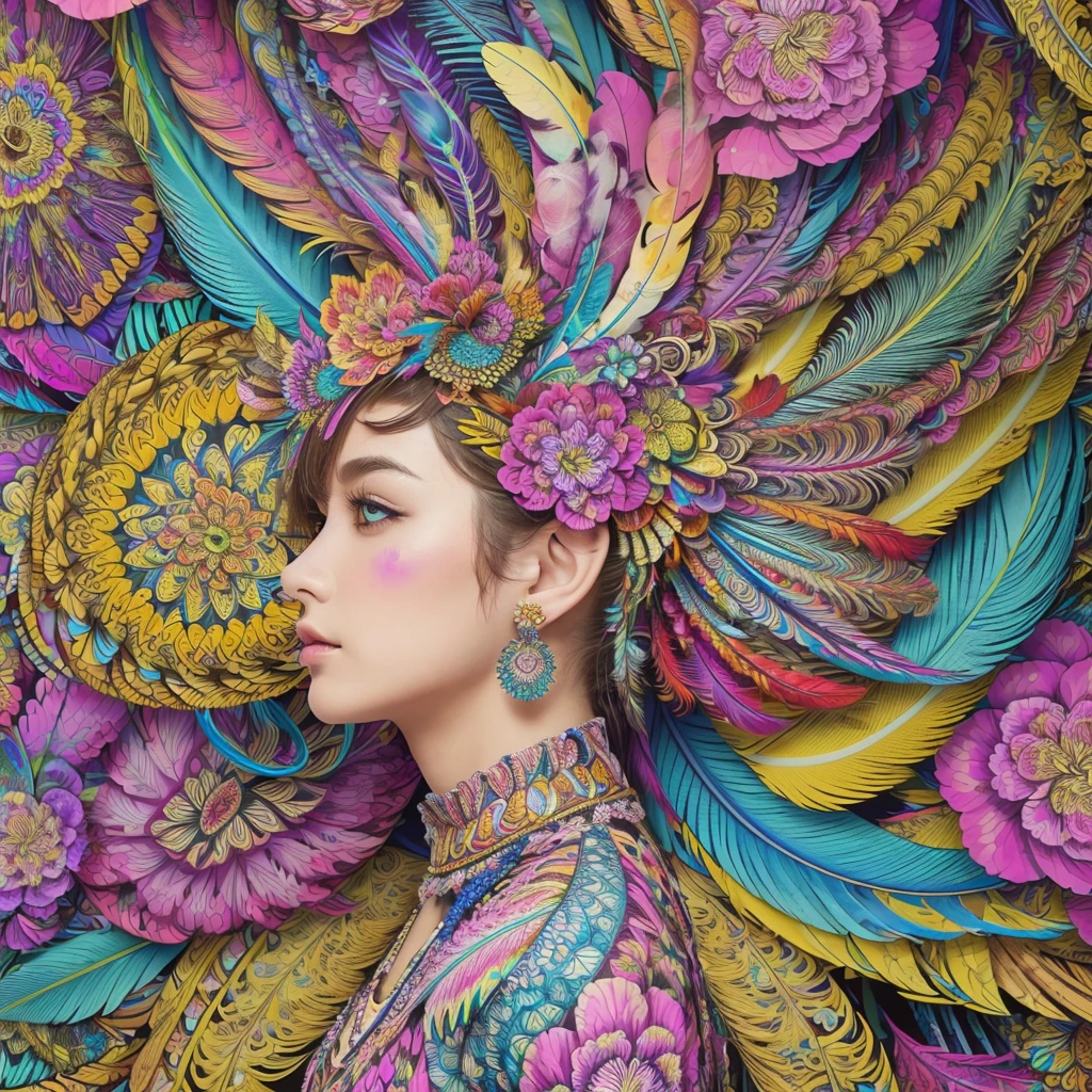 (1girl, solo, from side), extremely detailed, (abstract background, zentangle, fractal art:1.3), (many colors, colorful:1.1), (feathers, petals, flowers:1.3), dynamic pose, earrings