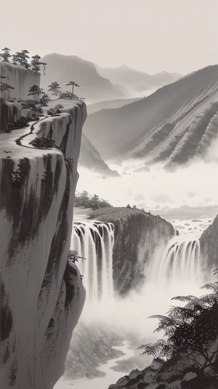 Ink Painting Monochrome waterfall cliff Splash bamboo forest Mountain cloud