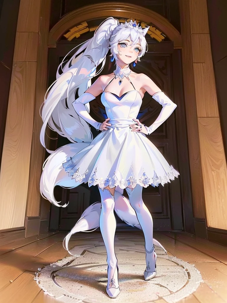 great quality ++ Extremely detailed high resolutionolution, very aesthetic, expressive eyes, (((Perfect face))), (((face symmetrical))), ((good anatomy)), (((perfect hands))), (((8k))), UHD, hd wallpaper, (((detailed high cal, (((((1girl)))))), only, Masterpiece, The best quality, high resolution, Highly detailed, (illustration), Beautiful detailed eyes, ((((full body))), (((solo))), (((((koyan-la1))))), (((cosplay of Weiss Schnee))), (((smiling))), (((fusion))), (((agglutination))), (((Combination))), (((((White hair))))), (((blue eyes))), (((ponytail))), (((white dress))), (((jewelry))), (((necklace))), (((earrings))), only, jaeces, earrings, long hair, parody, (((scar))), (((scar ocular))), (((hair ornament))), (((office background))), (((hand on hip))), (((strolling))), Side ponytail, scar en la cara, Upper part of the body, (((fox tail))), (((fox ears))), (((tiara))), (((jewelry))), (((earrings))), (((neckline trimming))),