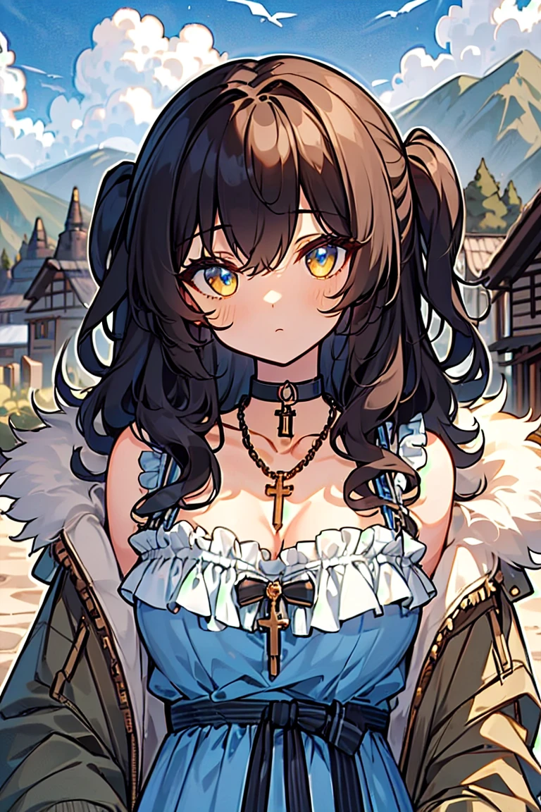 (masterpiece:1.2), (high quality:1.2), girls with((black hair, (wavy long hair, one side up:1.3), bare shoulders, breasts, choker, cleavage, coat, collar, collarbone, cowboy shot, dress, blue clothes, camisole, rosary, rosary choker, cross, necklace, fur, fur collar, fur trim, hood down, hooded jacket, hoodie, jacket, large breasts, long hair, long sleeves, black belt, suspenders, medium breasts, medium hair, necklace, open clothes, open hoodie, sleeveless, solo, winter clothes, zipper, cleavage, upper body, hand up, waving, palm)), background with((architecture, blue sky, bush, castle, village, no humans, cloud, cloudy sky, day, field, garden, grass, hill, house, lamppost, landscape, mountain, mountainous horizon, nature, no humans, outdoors, scenery, shrine, sky))