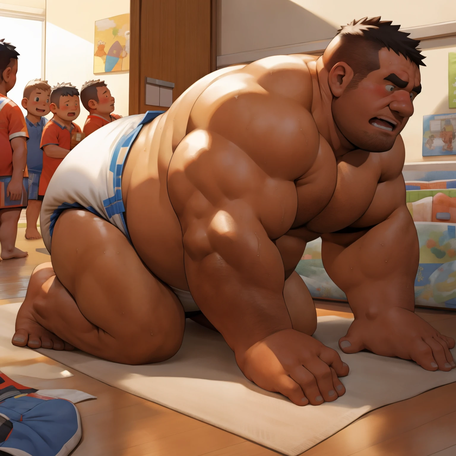 masterpiece, Top quality, in 32K, perfect anatomy, hyper detailed, super fine illustration, The thick man is a brutal prisoner, retarded, hairy human, 50yo in Japan, (fatness: 1.0), Fatty muscle, Bowleg, disappointment, incontinent, be diaper check by children, waddle, There is a small puddle under him, incontinent, Naked, short legs, Bowleg, spread legs, wear a White cloth Diaper, Bare belly, Bare legs, Bare foots, Bare soles, Shirtless, wide forehead and short thinning hair, Man with round face with stubble, Bare foots, Bare soles, shy, sissy, Weaker than children, Drool, Round face, steams, Solo, He enters nursery school and is despised by children, He surrounded by children, His bottom is wet, Bare foots, big butt, he is scolded by the children, White Diaper, He surrounded by children, sobbing, wear a White cloth Diaper, shirtless, There is a small puddle under him, He enters nursery school and is despised by children, big butt, sobbing, He crawling to go to children, on all fours, side view